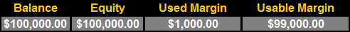 100,000 美元余额、100,000 美元股权、1,000 美元已用保证金、99,000 美元可用保证金